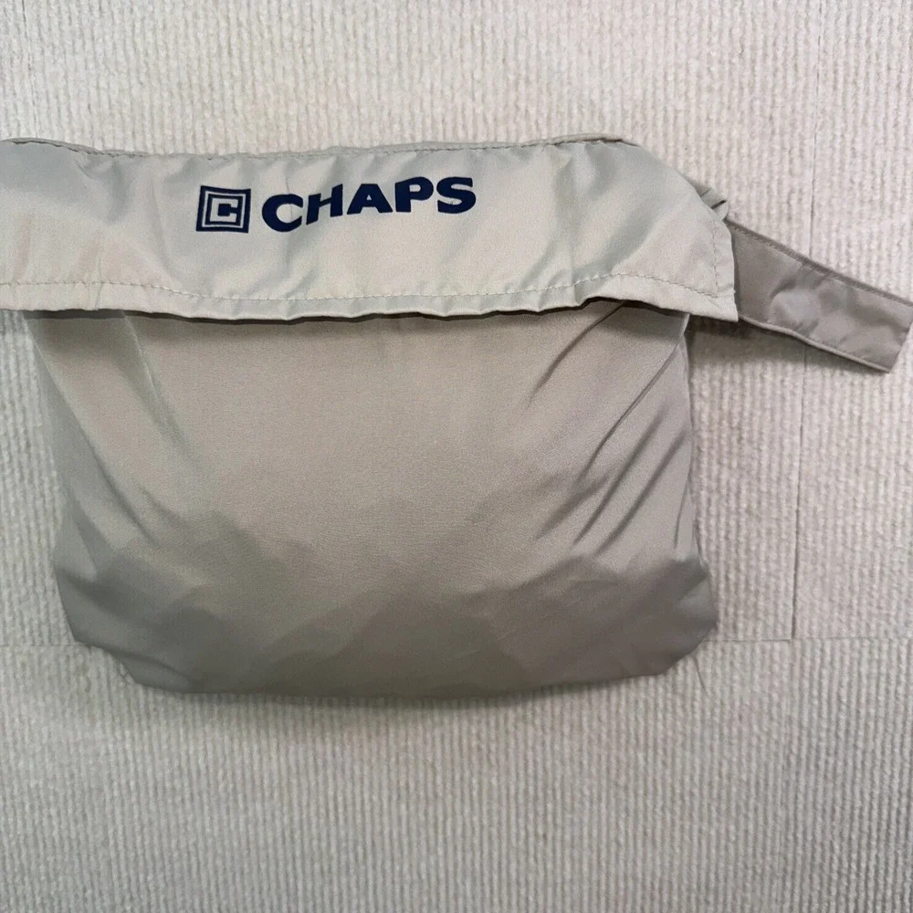 Chaps Windbreaker‎ Jacket Mens Medium Tan Navy Blue Packable Hooded Full Zip